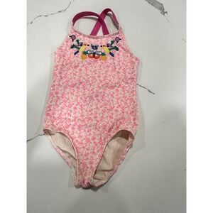 Boden Girls Pink Floral Embroidered Bird Pineapple Swimsuit One Piece 4-5Y